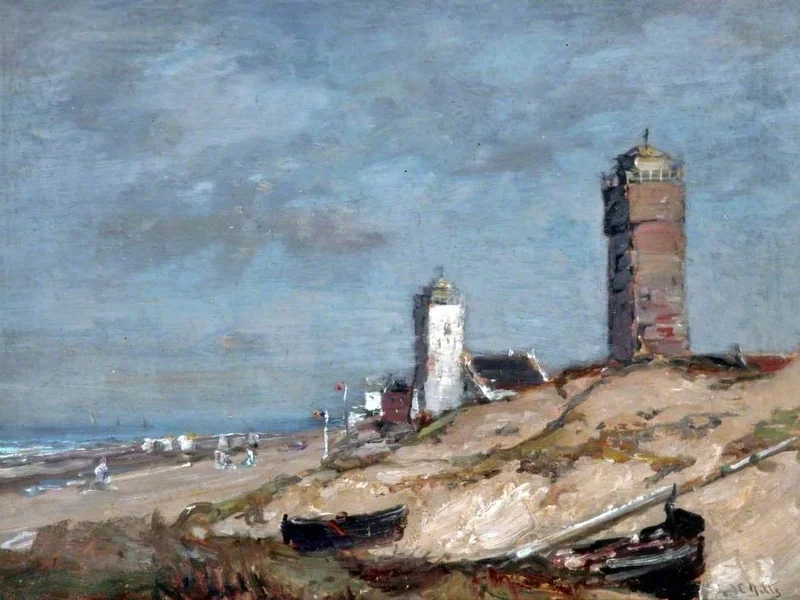 1845-James Campbell Noble - Scena costiera olandese, il vecchio faro e l'Andreaskerk a Katwijk aan Zee
